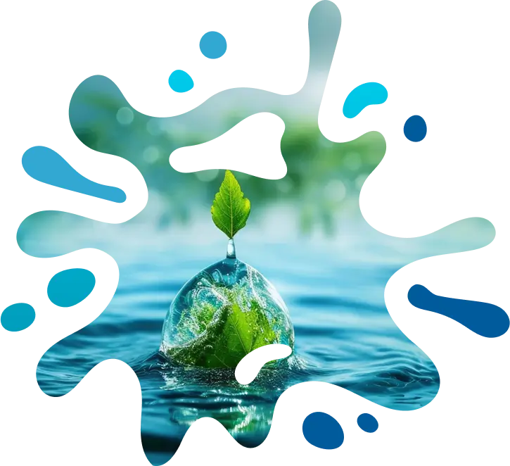 Earth encapsulated in a water droplet with blue splashes, representing safe, sustainable filtration systems