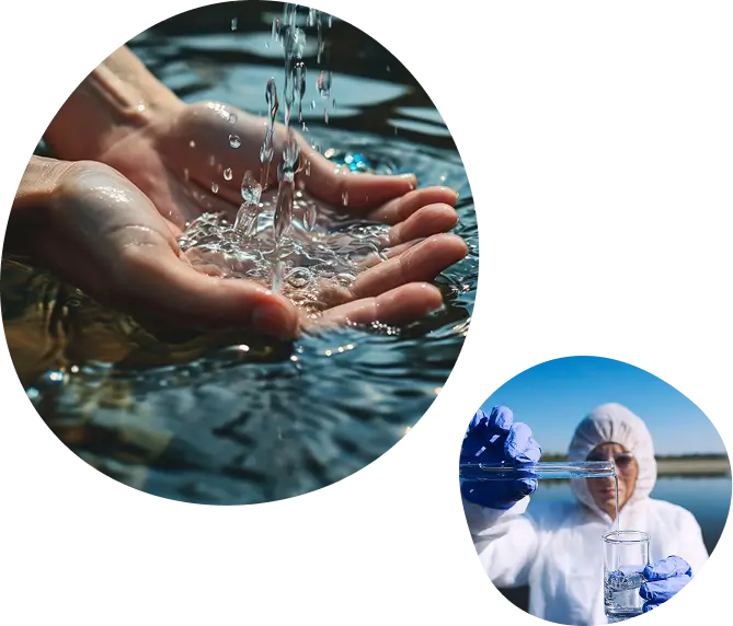 Split image showing hands catching untreated water and a lab technician testing a water sample, representing the contrast between outdated chemical-based systems and Water Pure Texas's all-natural filtration approach