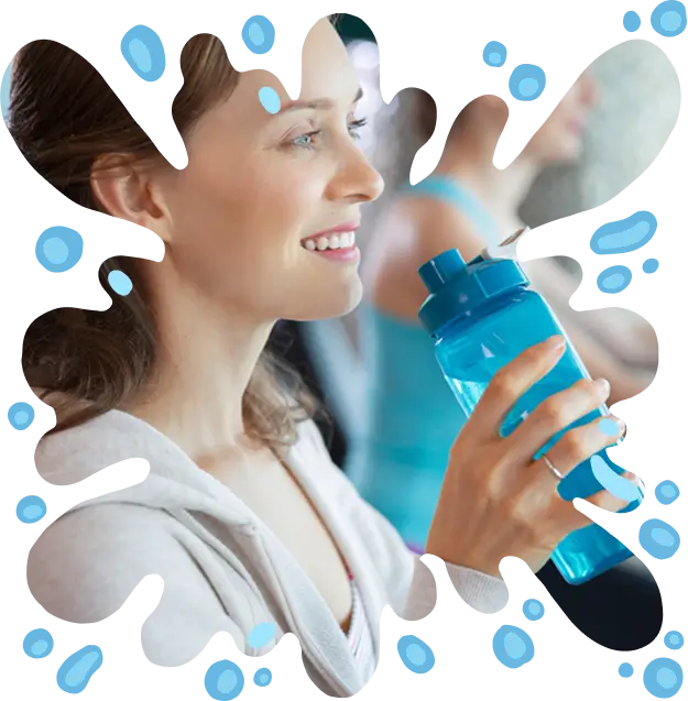 Woman smiling while drinking from a blue water bottle, symbolizing Water Pure Texas's friendly, no-pressure approach to water help