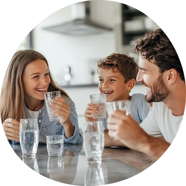 Family gathered around table enjoying filtered hydrogen water, showcasing ease and benefits for all ages