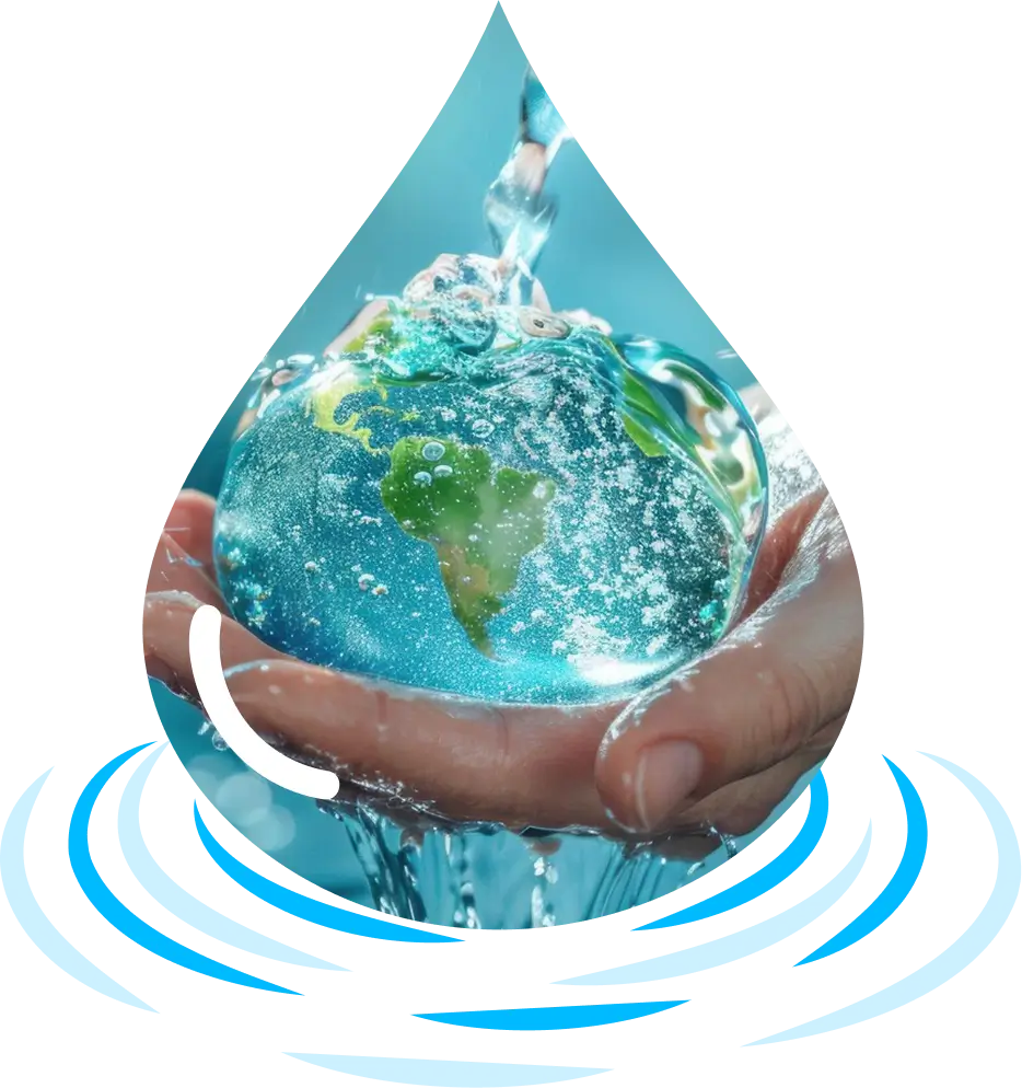 Hands holding Earth inside a water droplet representing sustainable, all-natural water treatment by Water Pure Texas