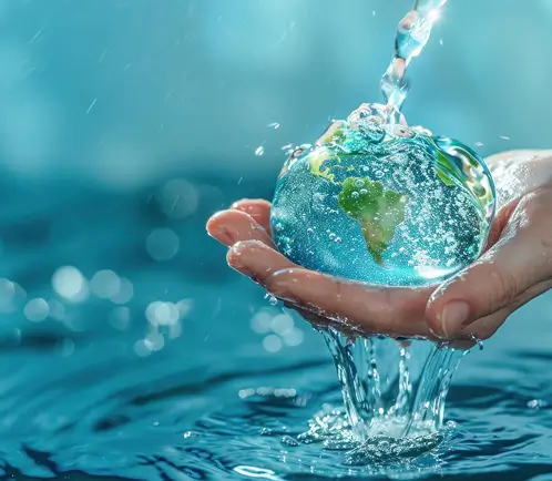 Hand holding Earth as clean water pours over it, symbolizing the global impact of safe water solutions by Water Pure Texas