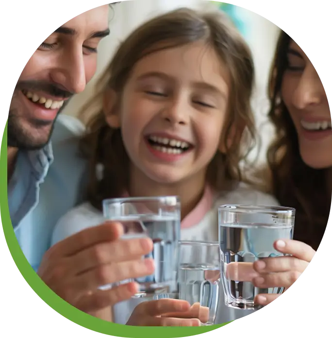Smiling girl pouring clear water, symbolizing family values and safe hydration