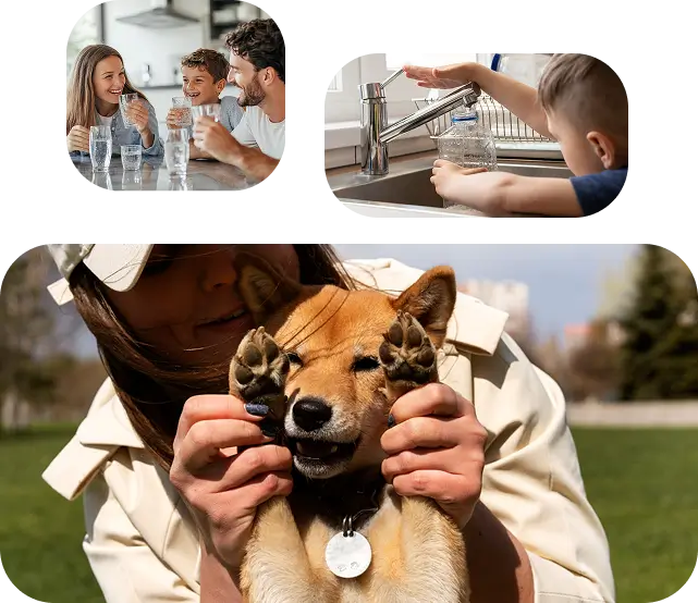 Three scenes showing everyday benefits of filtered water: a woman pouring clean water at home, children hydrating with water bottles, and a young girl holding her dog—illustrating the family-, kid-, and pet-friendly impact of Water Pure Texas systems