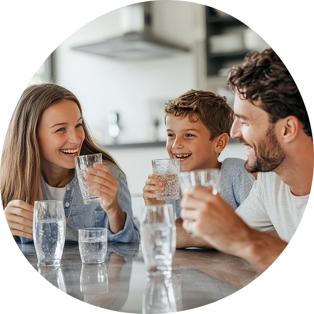 Mother and child filling glasses at a modern kitchen sink, representing the tangible impact of clean water solutions